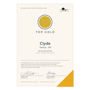 A printed award certificate from the Queensland Wine Awards 2026 for Clyde Tawny NV from Sirromet Wines. The certificate is cream-colored with black text, a gold circular logo, and a gold triangular accent in the bottom right corner.