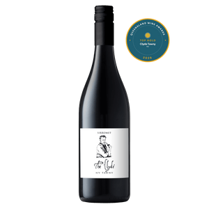 A bottle of Sirromet by The Lode My Tummy red wine with a black cap and a white label featuring a black line drawing and text, shown on a white background with a circular award badge in the top right.
