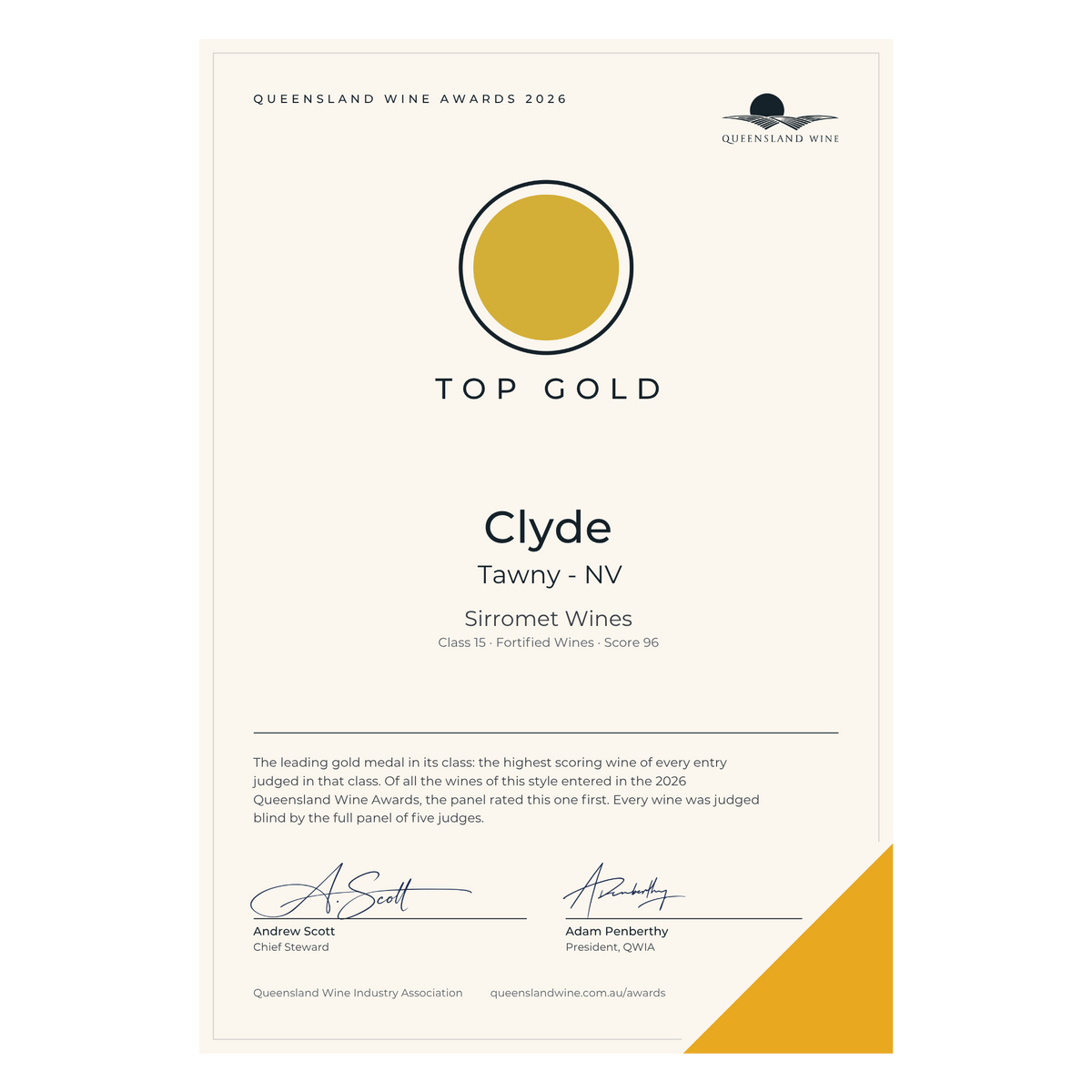 A printed award certificate from the Queensland Wine Awards 2026 for Clyde Tawny NV from Sirromet Wines. The certificate is cream-colored with black text, a gold circular logo, and a gold triangular accent in the bottom right corner.