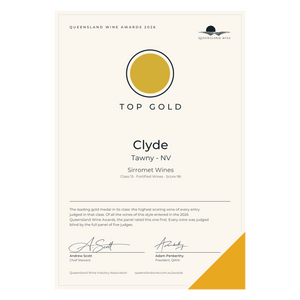 A printed award certificate from the Queensland Wine Awards 2026 for Clyde Tawny NV from Sirromet Wines. The certificate is cream-colored with black text, a gold circular logo, and a gold triangular accent in the bottom right corner.