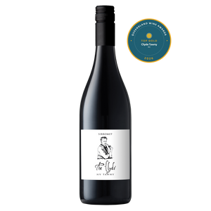 A bottle of Sirromet by The Lode My Tummy red wine with a black cap and a white label featuring a black line drawing and text, shown on a white background with a circular award badge in the top right.