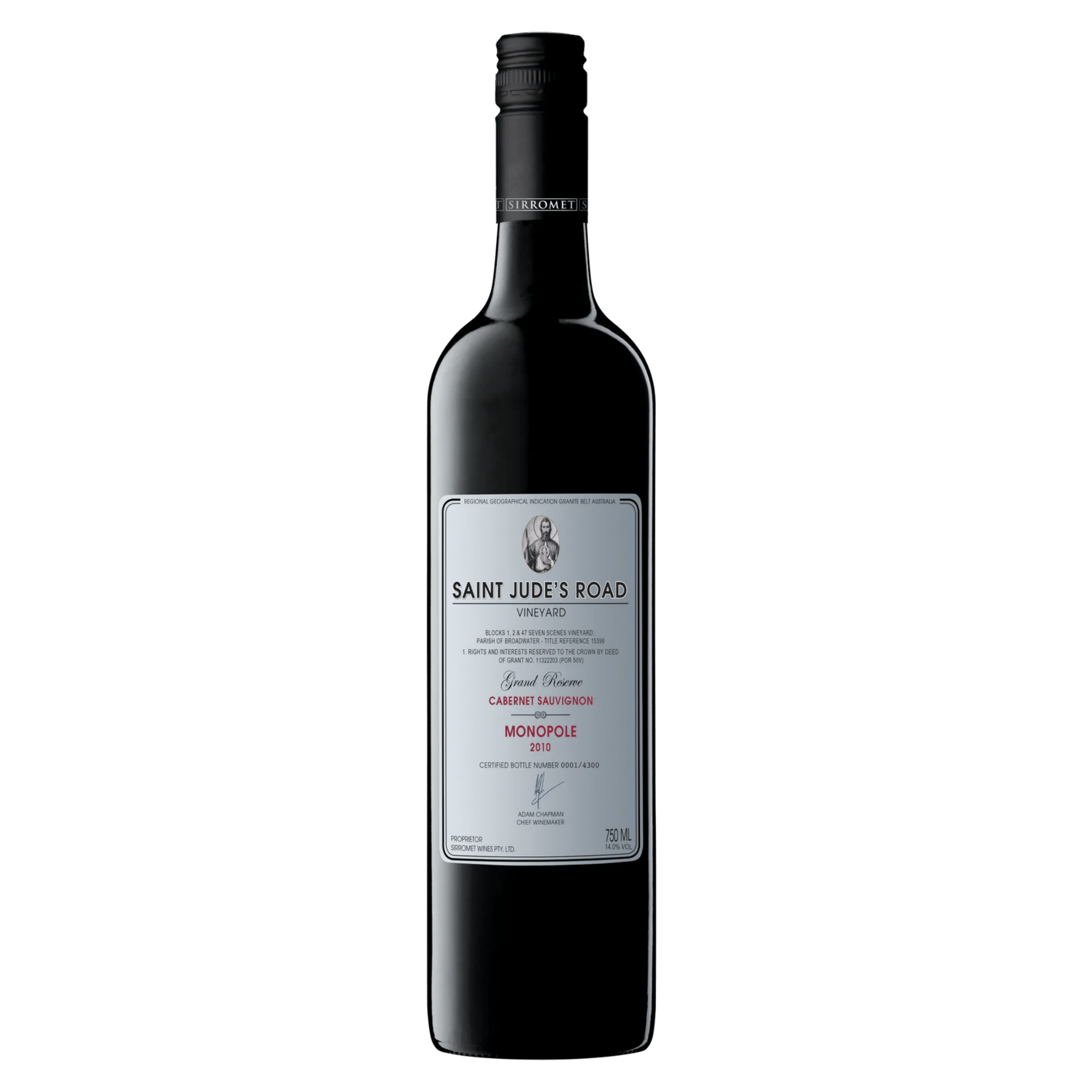 Wine bottle labeled 'Saint Jude's Road' on a white background