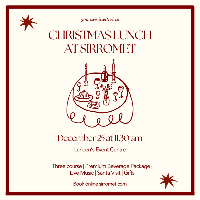 Invitation card for Christmas lunch at Sirromet with a table illustration and event details.
