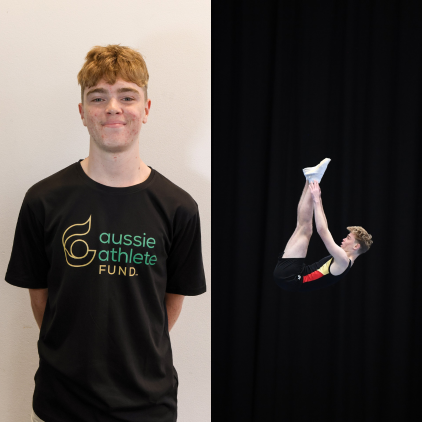 Hudson Brown wearing a black 'aussie athlete fund' t-shirt on the left, and a person performing a handstand on a black background on the right.