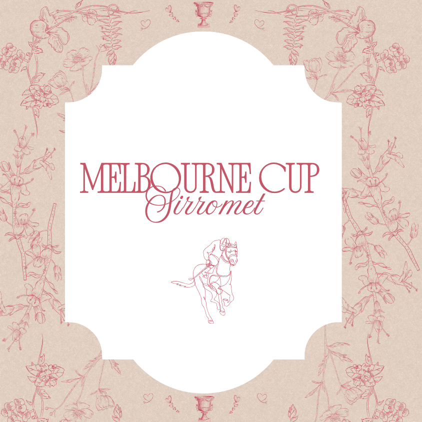 Melbourne Cup Sirromet design with floral border and horse illustration on beige background