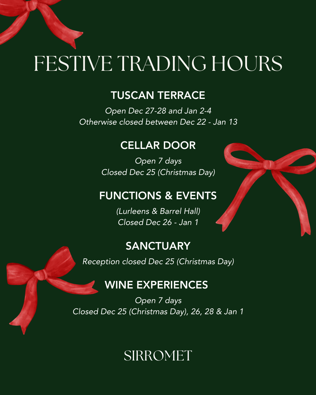 Festive trading hours poster with red bows on a green background