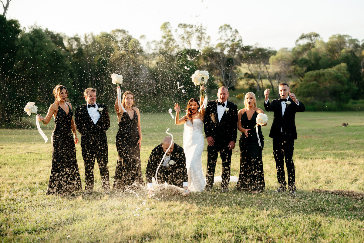 A wedding party posing outdoors in a grassy field with gold powder spraying around them. The bride in a white gown stands in the center, surrounded by bridesmaids in black dresses and groomsmen in black tuxedos with white shirts and bow ties.