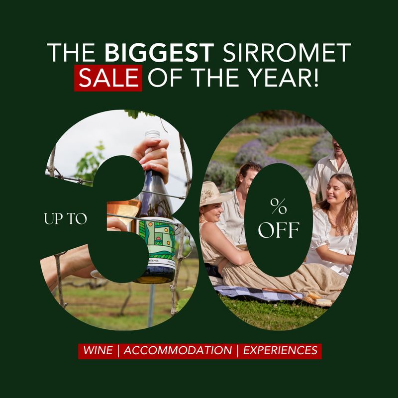 Promotional sale graphic with the text 'THE BIGGEST SIRROMET SALE OF THE YEAR!' and 'UP TO 30% OFF' over a dark green background, with two circular inset photos showing people outdoors and a hand holding a wine bottle.