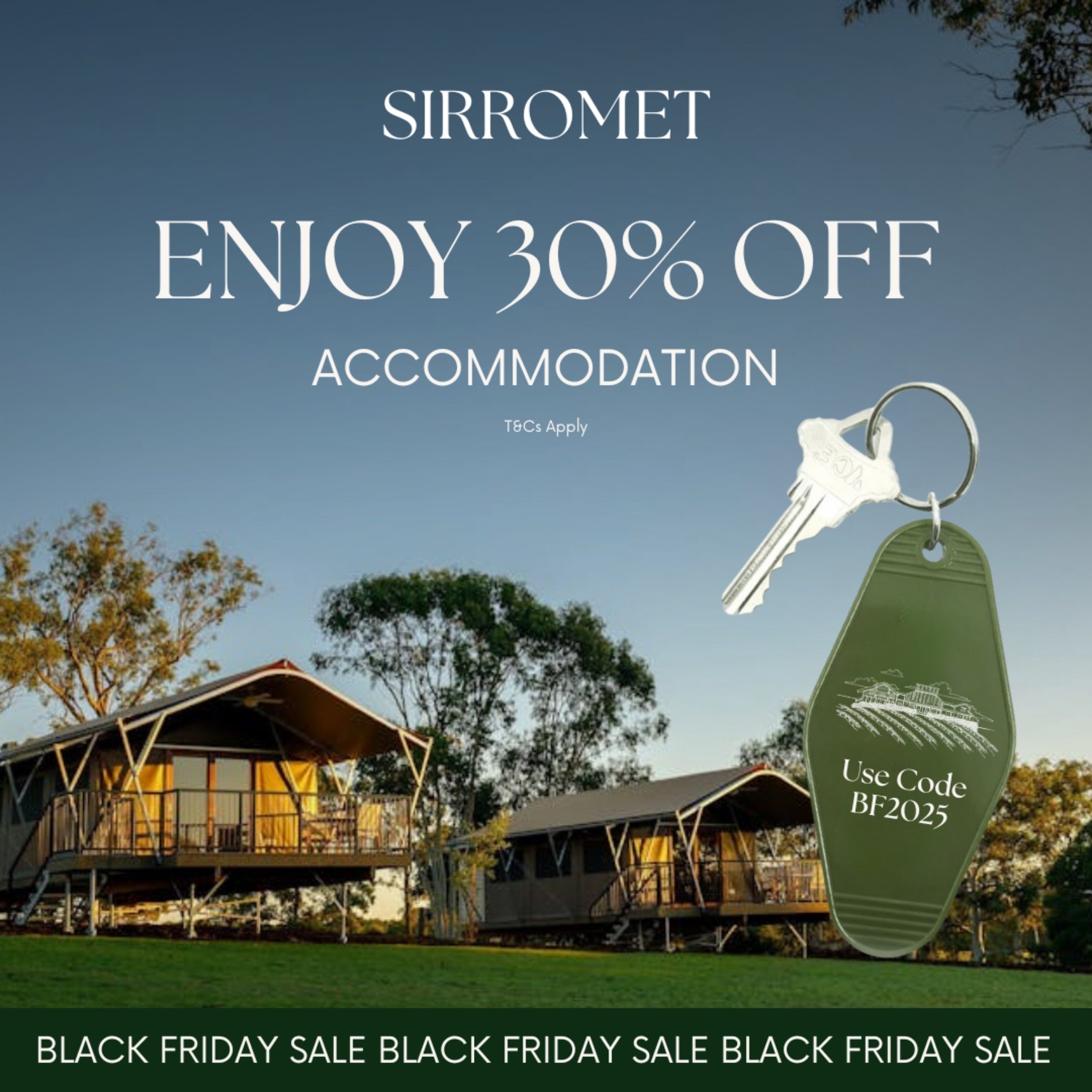 Promotional image for Sirromet accommodation with a key and keychain, set against a scenic background.