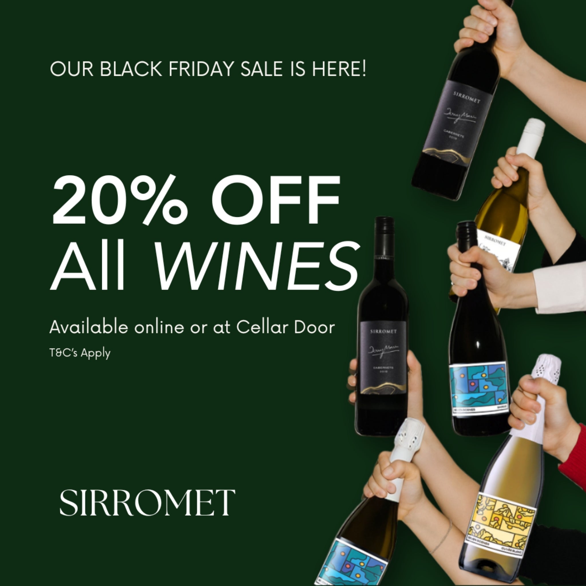 Promotional image for Sirromet wines with text about a Black Friday sale and wine bottles held by hands.