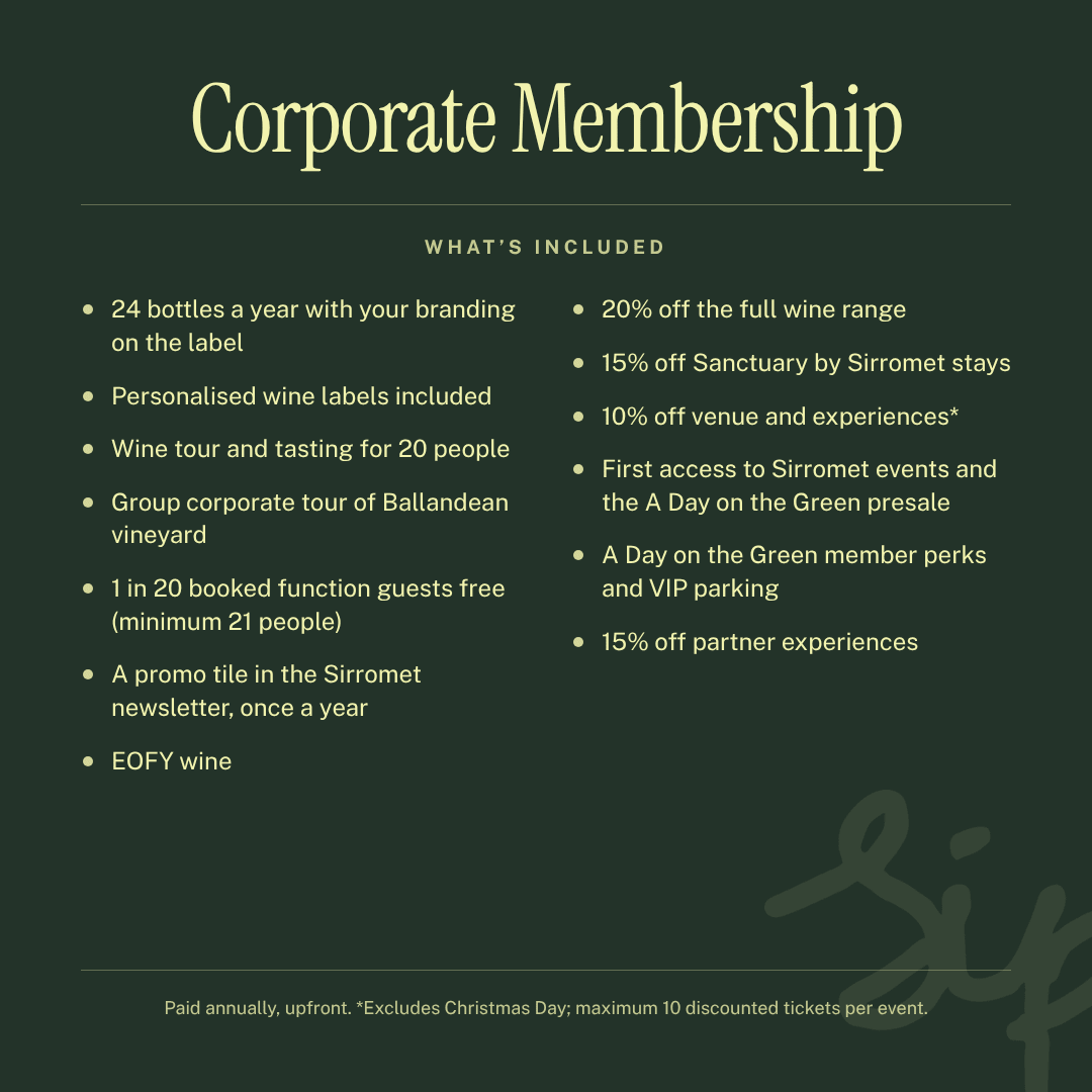 A dark green promotional graphic for Corporate Membership with cream text and bullet points outlining included benefits such as 24 bottles a year, personalized wine labels, wine tours, group corporate tours, and discounted event access.
