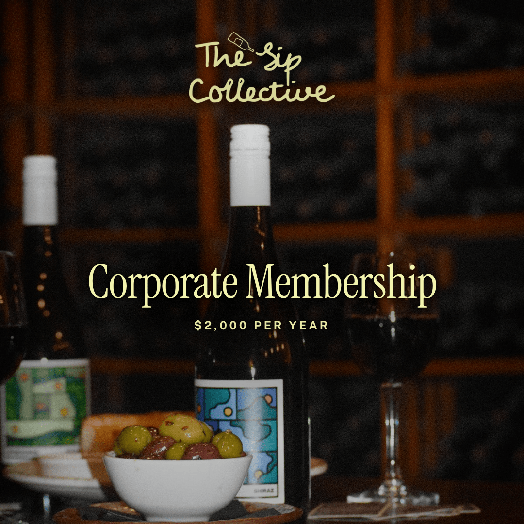 Corporate membership advertisement for 'The Sip Collective' featuring a wine bottle, a bowl of olives, and wine glasses in a dimly lit wine cellar setting, with text reading 'Corporate Membership $2,000 PER YEAR'.