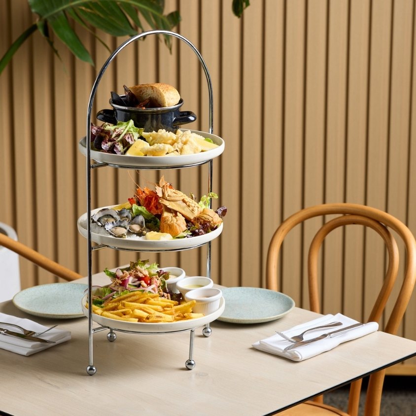 Three tiered platter of seafood