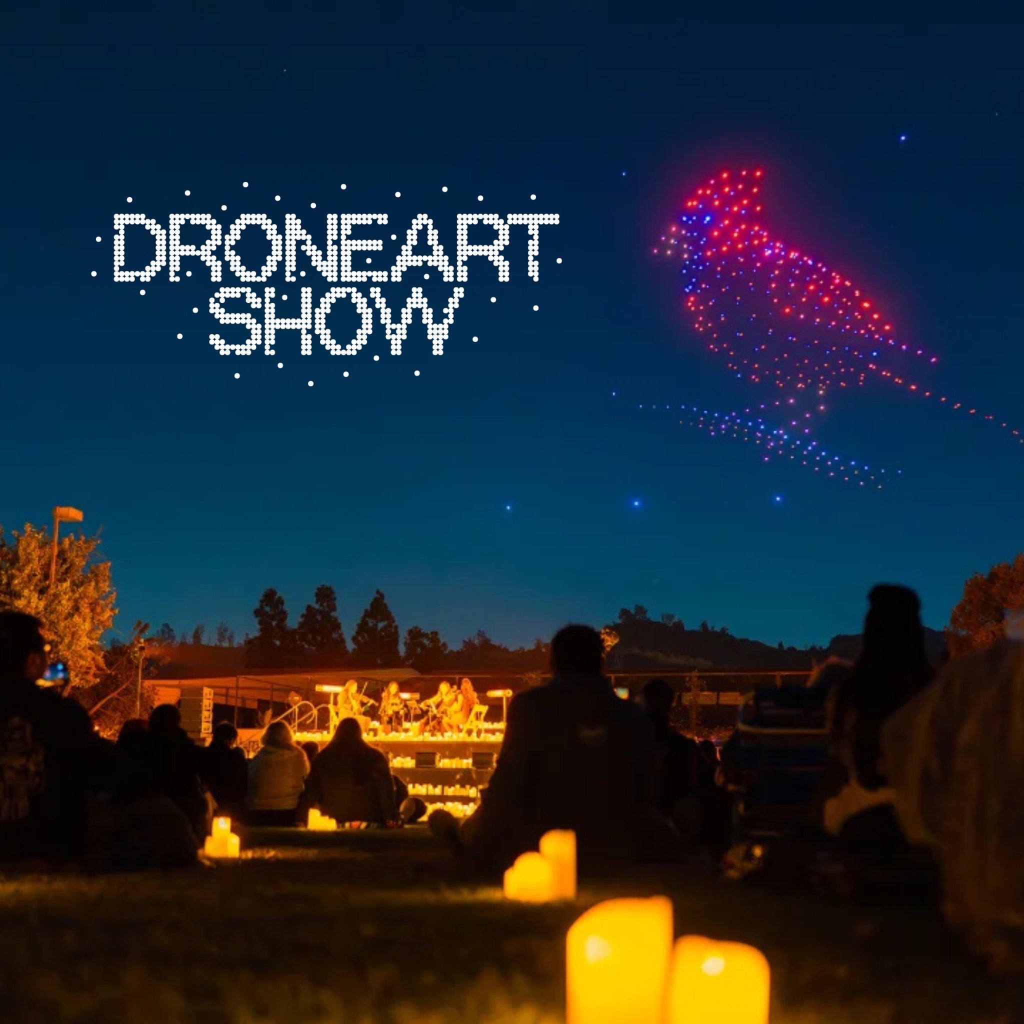 Drone art show with people watching at night