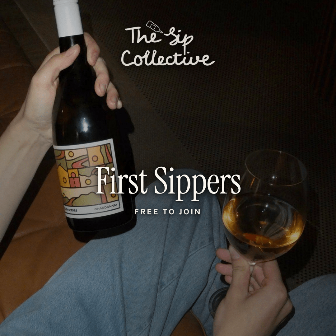 A person holds a dark wine bottle labeled 'The Sip Collective' and a glass of white wine while sitting in a dim indoor setting. Large overlaid text reads 'The Sip Collective', 'First Sippers', and 'FREE TO JOIN'.