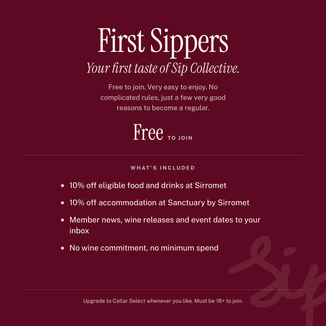 A promotional flyer for Sip Collective's 'First Sippers' program, featuring white text on a deep burgundy background detailing the benefits of joining and what is included.