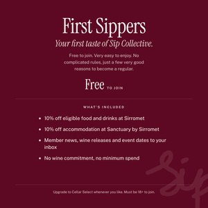 A promotional flyer for Sip Collective's 'First Sippers' program, featuring white text on a deep burgundy background detailing the benefits of joining and what is included.