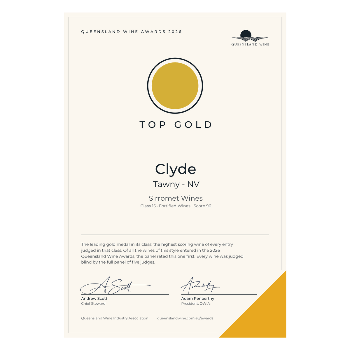 A printed award certificate from the Queensland Wine Awards 2026 for Clyde Tawny NV from Sirromet Wines. The certificate is cream-colored with black text, a gold circular logo, and a gold triangular accent in the bottom right corner.