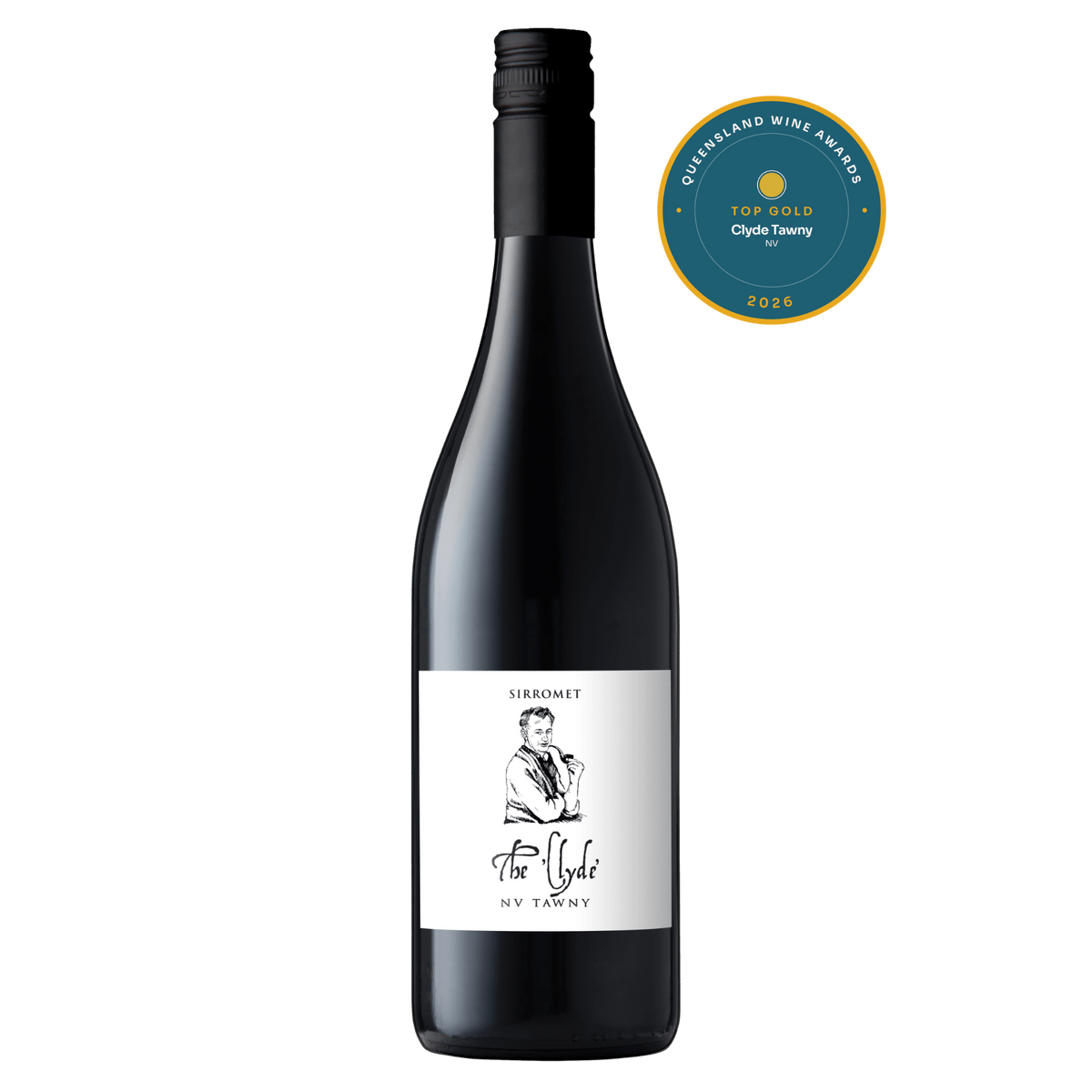 A bottle of Sirromet by The Lode My Tummy red wine with a black cap and a white label featuring a black line drawing and text, shown on a white background with a circular award badge in the top right.