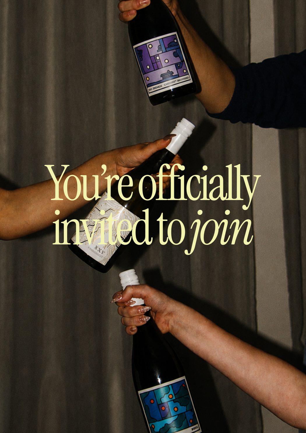 You're officially invited to join — three hands raising Sirromet bottles