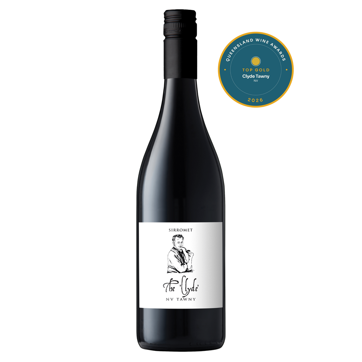 A bottle of Sirromet by The Lode My Tummy red wine with a black cap and a white label featuring a black line drawing and text, shown on a white background with a circular award badge in the top right.